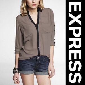 Express Portofino Taupe Button Down Blouse Black Trim